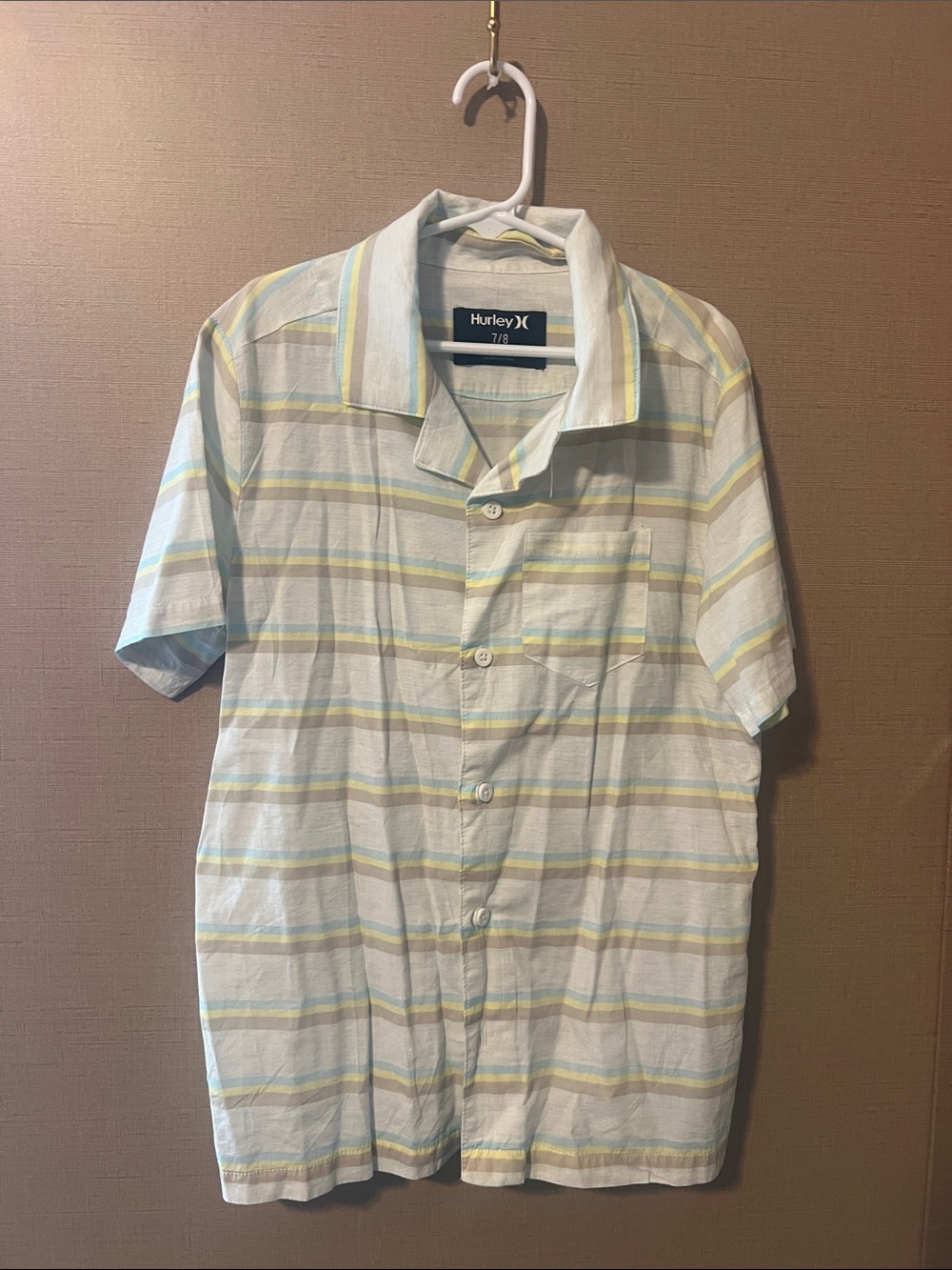 Hurley Light Blue and Yellow Striped Short-Sleeve Button-Up Shirt
